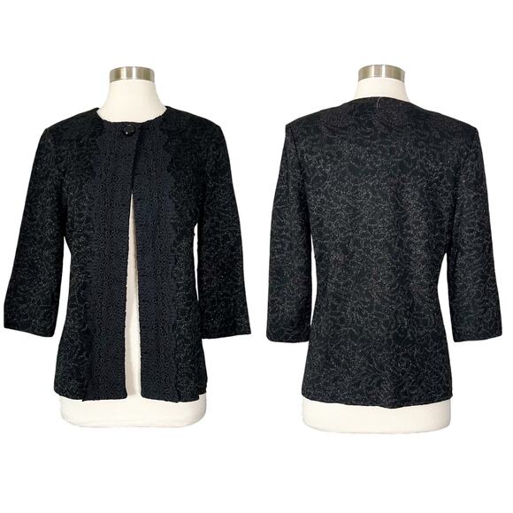 NEW Ming Wang | Black Metallic Knit Lace Trim 3/4 Sleeve Sweater Jacket S NWT - Picture 1 of 9